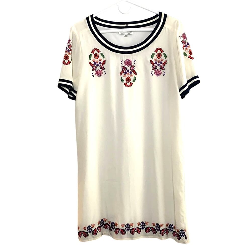 Rebecca Minkoff Size 6 Floral Embroidered Cream Silk Short Sleeve Shift Dress - Picture 4 of 16